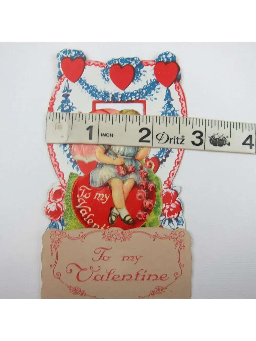 Vintage Valentine 3D Pop Up Die Cut Blonde Girl Blue Dress Red Umbrella & Hearts
